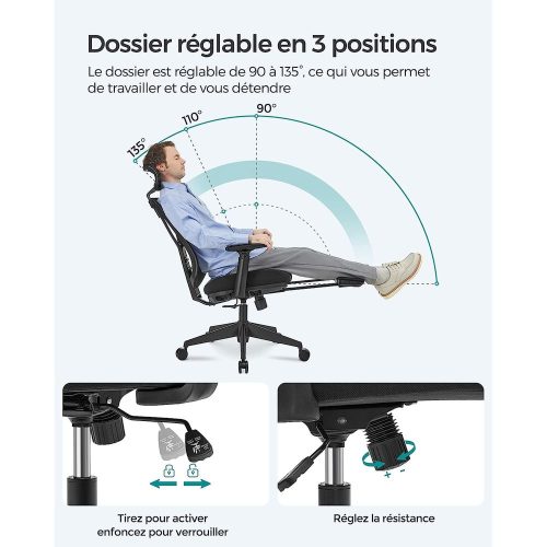 Fauteuil de bureau ergonomiques en filet repose-pieds Mousse de haute résilience, piètement en acier, roulettes en nylons, accoudoir en PU