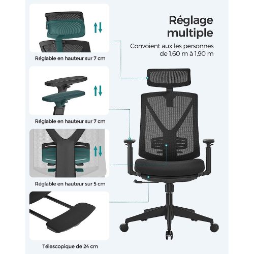 Fauteuil de bureau ergonomiques en filet repose-pieds Mousse de haute résilience, piètement en acier, roulettes en nylons, accoudoir en PU
