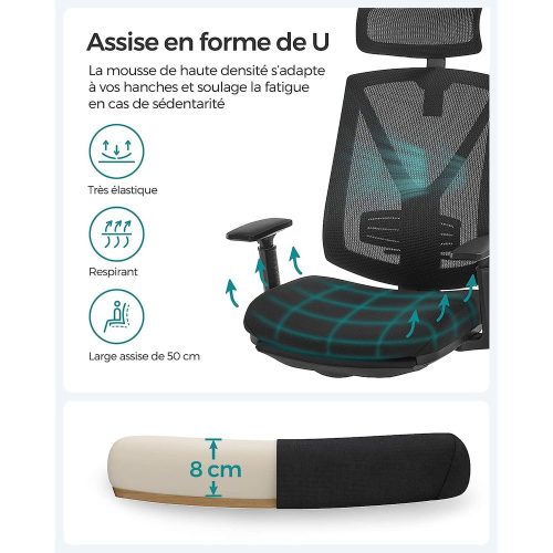 Fauteuil de bureau ergonomiques en filet repose-pieds Mousse de haute résilience, piètement en acier, roulettes en nylons, accoudoir en PU