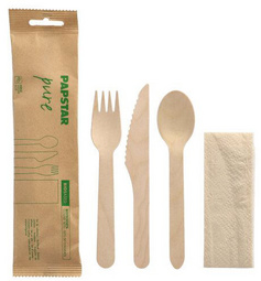 Carton 500 Sets de couverts, bois "pure" naturel : fourchette, couteau, cuillère, serviette en emballage papier