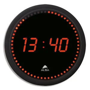 ALBA Horloge à led Horled cadre plastique Noir lentille en verre D30cm affichage numérique Rouge à quartz