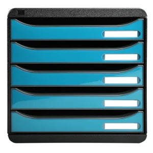 EXACOMPTA Module de classement 5 tiroirs. Coloris Noir/Turquoise glossy. Dim : L27,8 x H26,7 x P34,7 cm.