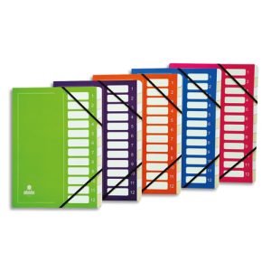 EXTENDOS Trieur avec élastique MON DOSSIER en carte. 12 compartiments. Coloris assortis.