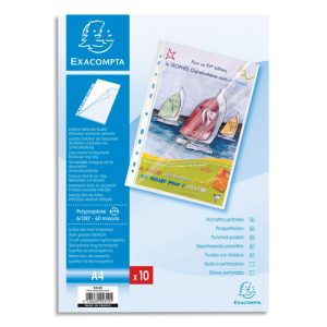 EXACOMPTA Sachet de 10 pochettes perforées A4 PP transparent lisse 6/100. Ouverture en coin toute hauteur
