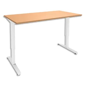 SIMMOB Bureau assis debout NIVO Hêtre piètement Blanc, électrique, réglable - Dim L160 x H69/120 x P80 cm