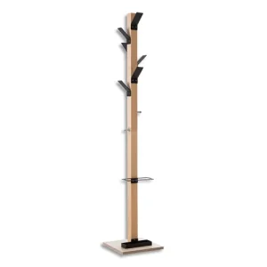 EASYCLOTH Portemanteau 6 patères polystyrène Noir, fut bois massif hêtre, H178 cm et porte parapluie