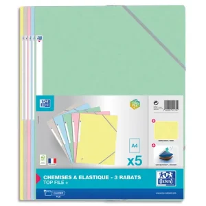 OXFORD Lot de 5 chemises 3 rabats à élastique TOP FILE+ carte lustrée. Format A4. Coloris assortis pastel