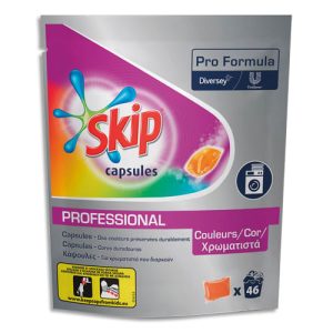 SKIP Carton de 184 capsules de Lessive liquide pour couleurs, dans 4 Sachets refermables de 46 dosettes