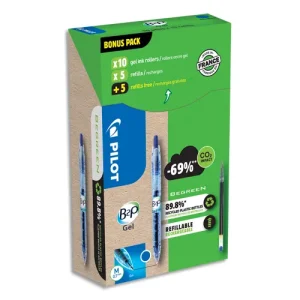 PILOT Pack promo de 10 stylos à pointes moyennes B2P Gel + 10 recharges à -50%. Coloris bleu