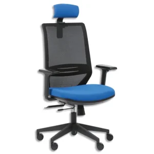 Siège Tecsy dossier maille et assise tissu Bleu, têtière, synchrone, accoudoirs réglables fournis