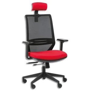 Siège Tecsy dossier maille et assise tissu Rouge, têtière, synchrone, accoudoirs réglables fournis