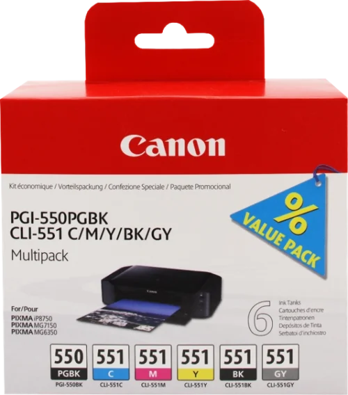 CANON Pack de 6 cartouches jet d'encre noir x2 cyan magenta jaune gris 550/551 6496B005