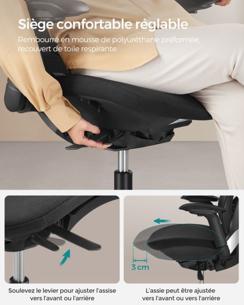 Chaise de bureau ergonomique réglable en toile noir d'encre