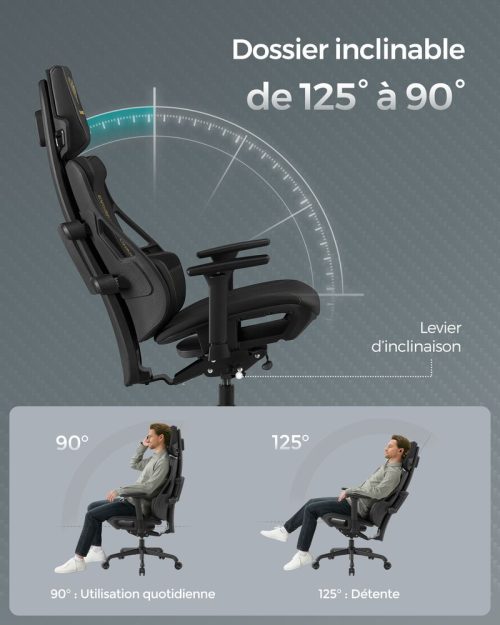Fauteuil gaming réglable dossier inclinable noir d'encre