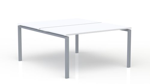 Bureau bench Conect L. 160 x P. 165 cm - 2 plateaux ép. 25 mm mélamine blanc neige - piétement arche rectangulaire fixe métal lisse gris aluminium