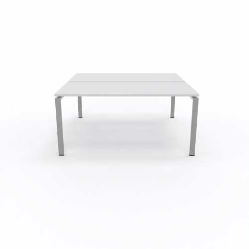 Bureau bench Conect L. 160 x P. 165 cm - 2 plateaux ép. 25 mm mélamine blanc neige - piétement arche rectangulaire fixe métal lisse gris aluminium