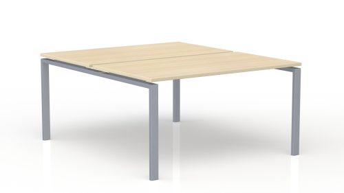 Bureau bench Conect L. 160 x P. 165 cm - 2 plateaux ép. 25 mm mélamine chêne clair - piétement arche rectangulaire fixe métal lisse gris aluminium