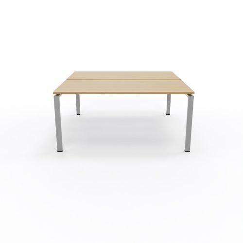 Bureau bench Conect L. 160 x P. 165 cm - 2 plateaux ép. 25 mm mélamine chêne clair - piétement arche rectangulaire fixe métal lisse gris aluminium