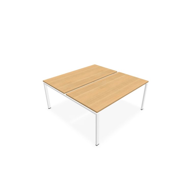 Bureau bench Conect L. 160 x P. 165 cm - 2 plateaux ép. 25 mm mélamine chêne clair - piétement arche rectangulaire fixe métal lisse blanc