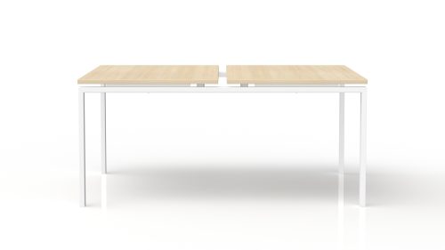 Bureau bench Conect L. 160 x P. 165 cm - 2 plateaux ép. 25 mm mélamine chêne clair - piétement arche rectangulaire fixe métal lisse blanc