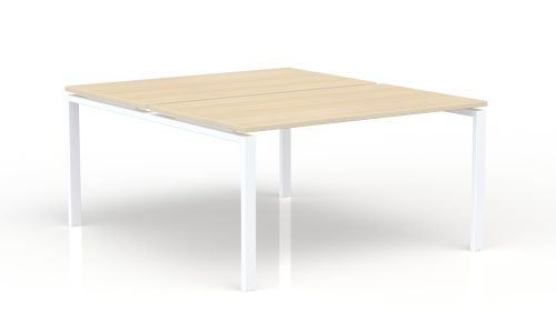 Bureau bench Conect L. 160 x P. 165 cm - 2 plateaux ép. 25 mm mélamine chêne clair - piétement arche rectangulaire fixe métal lisse blanc