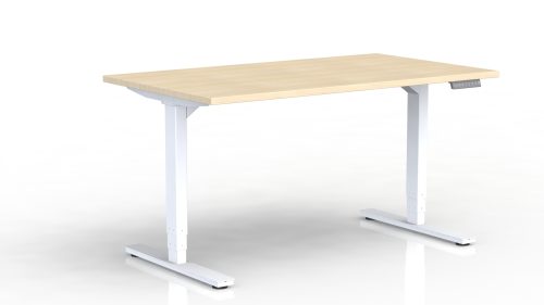Bureau Axel rectangulaire L. 140 x P. 80 cm - plateau mélamine ep. 25 mm mélamine chêne clair - structure métal lisse blanc - réglable en hauteur par système motorisé