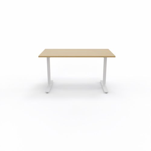 Bureau Axel rectangulaire L. 140 x P. 80 cm - plateau mélamine ep. 25 mm mélamine chêne clair - structure métal lisse blanc - réglable en hauteur par système motorisé