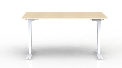 Bureau Axel rectangulaire L. 140 x P. 80 cm - plateau mélamine ep. 25 mm mélamine chêne clair - structure métal lisse blanc - réglable en hauteur par système motorisé