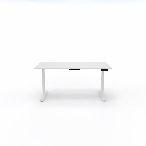 Bureau Axel rectangulaire L. 160 x P. 80 cm - plateau mélamine ep. 25 mm mélamine blanc neige - structure métal lisse blanc - réglable en hauteur par système motorisé