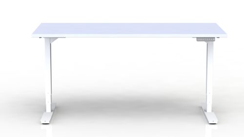 Bureau Axel rectangulaire L. 160 x P. 80 cm - plateau mélamine ep. 25 mm mélamine blanc neige - structure métal lisse blanc - réglable en hauteur par système motorisé