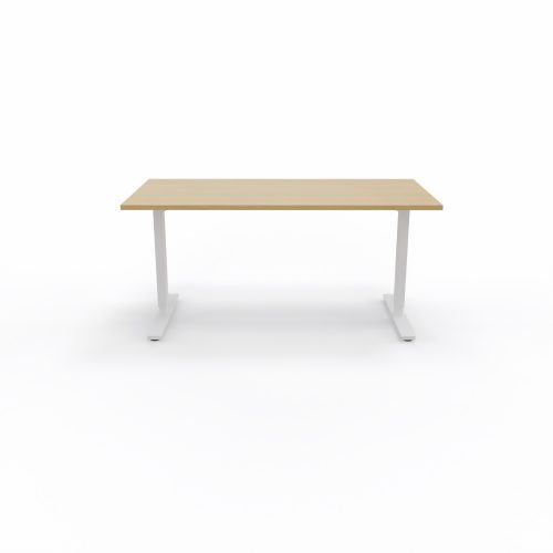 Bureau Axel rectangulaire L. 160 x P. 80 cm - plateau mélamine ep. 25 mm mélamine chêne clair - structure métal lisse blanc - réglable en hauteur par système motorisé