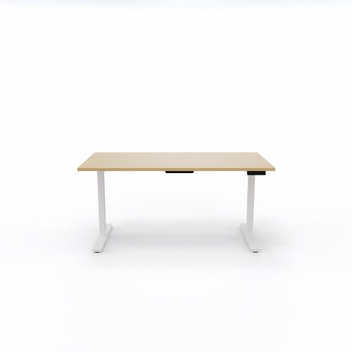 Bureau Axel rectangulaire L. 160 x P. 80 cm - plateau mélamine ep. 25 mm mélamine chêne clair - structure métal lisse blanc - réglable en hauteur par système motorisé