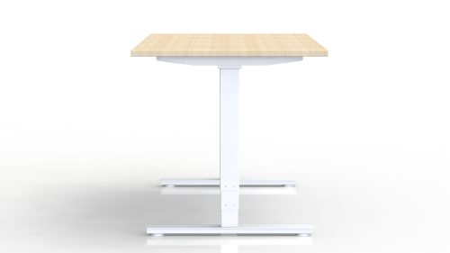 Bureau Axel rectangulaire L. 160 x P. 80 cm - plateau mélamine ep. 25 mm mélamine chêne clair - structure métal lisse blanc - réglable en hauteur par système motorisé