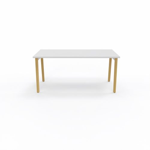 Bureau rectangulaire Robin L. 160 x P. 80 cm pré percé obturateur mélamine blanc neige pietement arche bois hêtre massif vernis/métal lisse blanc