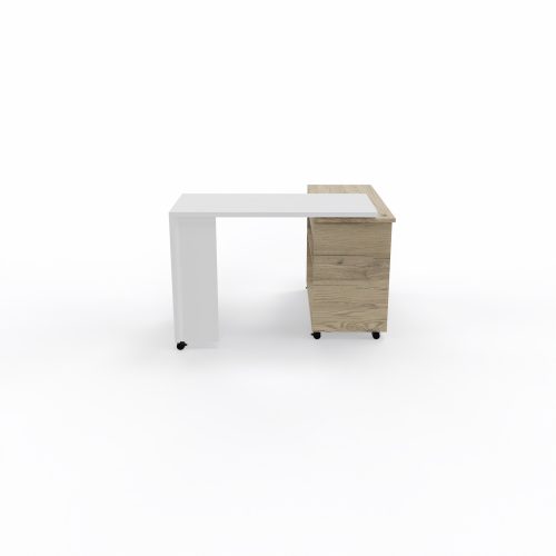 Bureau Compact Homere mobile corps mélamine chêne Brunswick plateau pivotant mélamine blanc neige épaisseur 25mm sur 6 roulettes