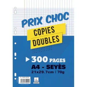 Lot de 300 pages copies doubles grand format A4 grands carreaux Séyès 70g perforées