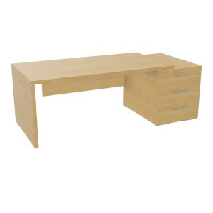 Table rectangulaire Kara sur caisson porteur 3 tiroirs L. 210 cm x 90. cm mélamine chêne clair piètement panneau mélamine chêne clair + voile de fond