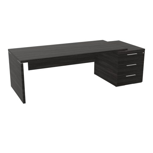 Table rectangulaire Kara sur caisson porteur 3 tiroirs L. 240 cm x 90. cm mélamine chêne café piètement panneau mélamine chêne café + voile de fond
