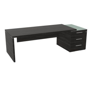 Table rectangulaire Kara sur caisson porteur 3 tiroirs L. 240 cm x 90. cm mélamine chêne café top verre émaillé blanc piètement panneau mélamine chêne café + voile de fond