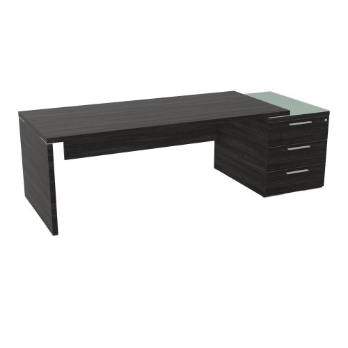 Table rectangulaire Kara sur caisson porteur 3 tiroirs L. 240 cm x 90. cm mélamine chêne café top verre émaillé blanc piètement panneau mélamine chêne café + voile de fond