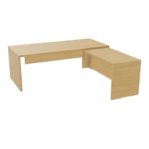 Table rectangulaire Kara L. 200 cm x 200. cm mélamine chêne clair avec retour aligné piètement panneau mélamine chêne clair + voile de fond