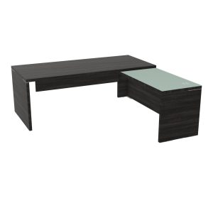 Table rectangulaire Kara L. 200 cm x 200. cm mélamine chêne café avec retour aligné top verre émaillé blanc piètement panneau mélamine chêne café + voile de fond