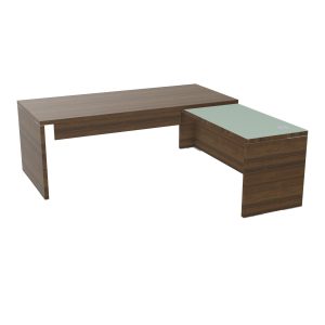 Table rectangulaire Kara L. 200 cm x 200. cm mélamine noyer brun avec retour aligné top verre émaillé blanc piètement panneau mélamine noyer brun + voile de fond