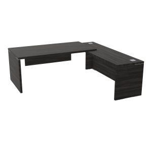 Table rectangulaire Kara L. 210 cm x 200. cm mélamine chêne café avec retour débordant piètement panneau mélamine chêne café + voile de fond