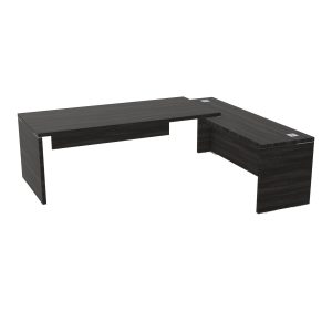 Table rectangulaire Kara L. 240 cm x 200. cm mélamine chêne café avec retour débordant piètement panneau mélamine chêne café + voile de fond