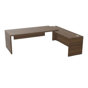 Table rectangulaire Kara L. 240 cm x 200. cm mélamine noyer brun avec retour débordant piètement panneau mélamine noyer brun + voile de fond