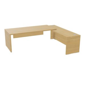 Table rectangulaire Kara L. 240 cm x 200. cm mélamine chêne clair avec retour débordant piètement panneau mélamine chêne clair + voile de fond