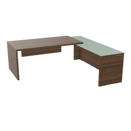 Table rectangulaire Kara L. 210 cm x 200. cm mélamine noyer brun avec retour débordant top verre émaillé blanc piètement panneau mélamine noyer brun + voile de fond