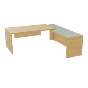 Table rectangulaire Kara L. 210 cm x 200. cm mélamine chêne clair avec retour débordant top verre émaillé blanc piètement panneau mélamine chêne clair + voile de fond