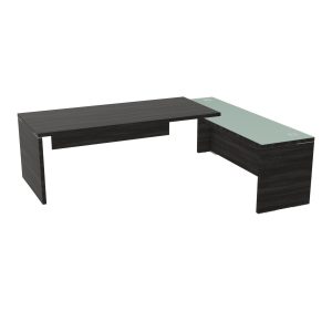 Table rectangulaire Kara L. 240 cm x 200. cm mélamine chêne café avec retour débordant top verre émaillé blanc piètement panneau mélamine chêne café + voile de fond